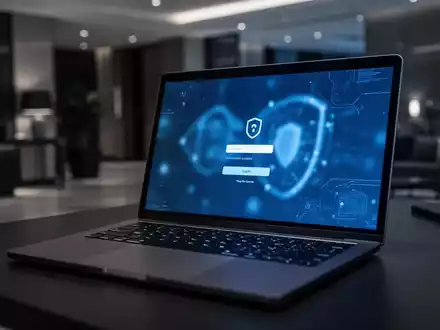 Ein Laptop auf einem Hoteltisch symbolisiert Cybersicherheitsrisiken für Geschäftsreisende, die öffentliche WLAN-Netzwerke nutzen. - Foto: über boerse-global.de