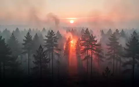 Dichter Rauch durchzieht einen europäischen Nadelwald bei Sonnenuntergang und verdeutlicht die Luftverschmutzung. - Foto: über boerse-global.de