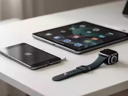 Ein iPhone, ein iPad und eine Apple Watch liegen ordentlich auf einem modernen, minimalistischen Schreibtisch. - Foto: über boerse-global.de