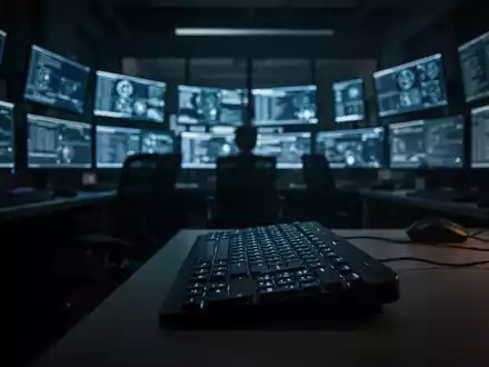 Reihen von Computermonitoren in einem dunklen Raum, die Zwangsarbeit in digitalen Betrugsoperationen darstellen. - Foto: über boerse-global.de