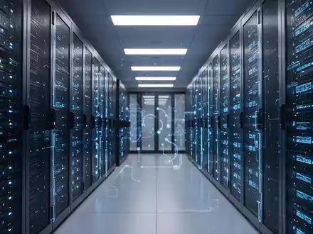 Moderner Serverraum eines Rechenzentrums mit blauen Leuchten für Cloud-Infrastruktur und KI-Technologie. - Foto: über boerse-global.de