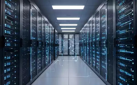 Moderner Serverraum eines Rechenzentrums mit blauen Leuchten für Cloud-Infrastruktur und KI-Technologie. - Foto: über boerse-global.de