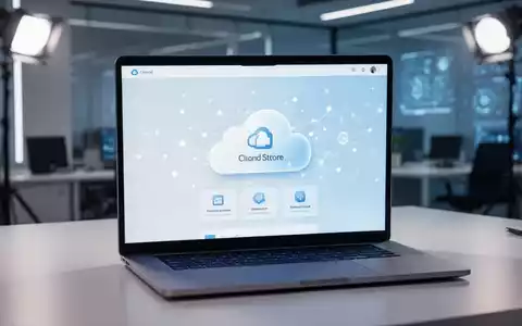 Ein Laptop-Bildschirm zeigt Cloud-Speicher-Symbole und digitale Datenknoten in einem modernen Büro. - Foto: über boerse-global.de