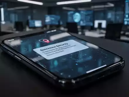 Ein Smartphone-Bildschirm zeigt eine verdächtige Sicherheitsmeldung in einer dunklen Büroumgebung als Symbol für Cyber-Spionage. - Foto: über boerse-global.de