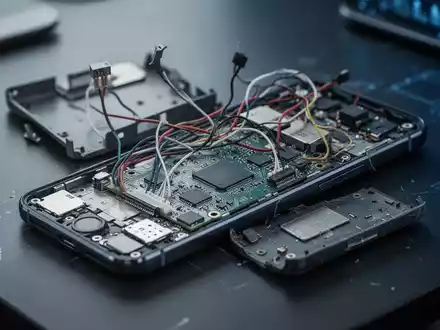Nahaufnahme einer minderwertigen Smartphone-Hardware mit offenliegenden Bauteilen auf einem Schreibtisch. - Foto: über boerse-global.de