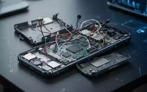 Nahaufnahme einer minderwertigen Smartphone-Hardware mit offenliegenden Bauteilen auf einem Schreibtisch. - Foto: über boerse-global.de
