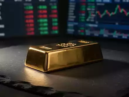 Ein glänzender Goldbarren auf dunklem Schiefer vor einem unscharfen Finanzhintergrund. - Foto: über boerse-global.de