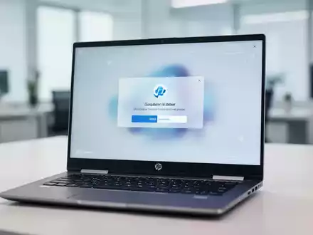 HP-Laptop-Bildschirm mit Systembenachrichtigung in modernem, professionellem Arbeitsbereich. - Foto: über boerse-global.de