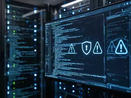 Ein dunkler Serverraum mit leuchtenden Statusanzeigen und einem verschwommenen Monitor, der Sicherheitshinweise zeigt. - Foto: über boerse-global.de