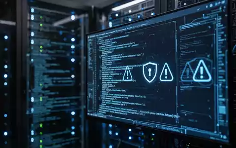 Ein dunkler Serverraum mit leuchtenden Statusanzeigen und einem verschwommenen Monitor, der Sicherheitshinweise zeigt. - Foto: über boerse-global.de