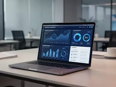 Moderner Büroarbeitsplatz mit Laptop, auf dem Datenvisualisierungen und Compliance-Dashboards zur Datenschutzverwaltung zu sehen sind. - Foto: über boerse-global.de