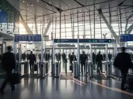Betriebsame Sicherheitskontrolle an einem modernen internationalen Flughafen mit Reisenden im Hintergrund. - Foto: über boerse-global.de
