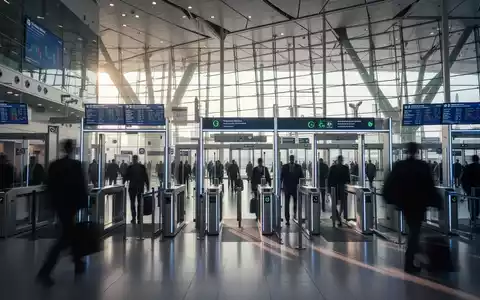 Betriebsame Sicherheitskontrolle an einem modernen internationalen Flughafen mit Reisenden im Hintergrund. - Foto: über boerse-global.de