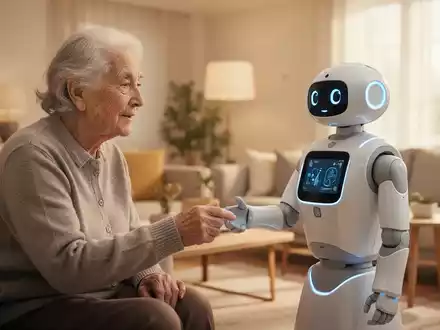 Ein älterer Mensch interagiert in einem hellen, modernen Wohnraum mit einem freundlichen Assistenzroboter. - Foto: über boerse-global.de