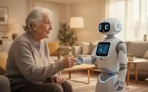Ein älterer Mensch interagiert in einem hellen, modernen Wohnraum mit einem freundlichen Assistenzroboter. - Foto: über boerse-global.de
