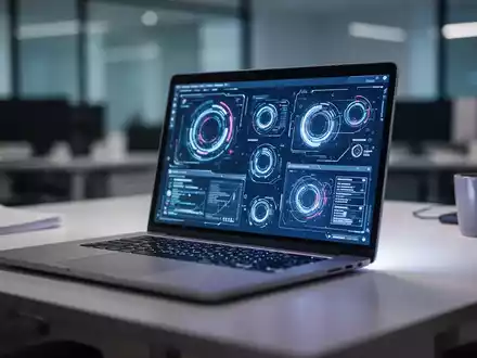 Ein moderner, verschwommener Büroarbeitsplatz mit einem Laptop, auf dem abstrakte Software-Elemente zu sehen sind. - Foto: über boerse-global.de
