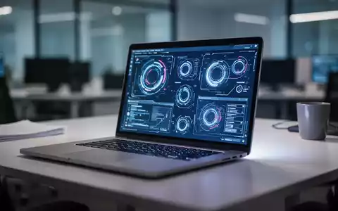 Ein moderner, verschwommener Büroarbeitsplatz mit einem Laptop, auf dem abstrakte Software-Elemente zu sehen sind. - Foto: über boerse-global.de