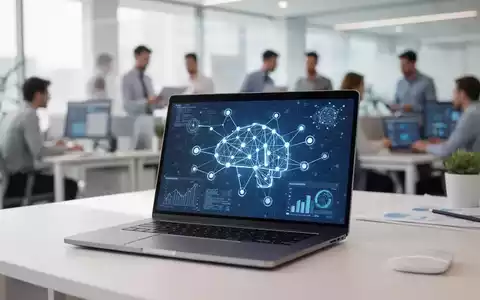 Moderner Büroarbeitsplatz mit Laptop, der KI-Datenvisualisierungen zeigt, als Symbol für Arbeitsplatzautomatisierung. - Foto: über boerse-global.de