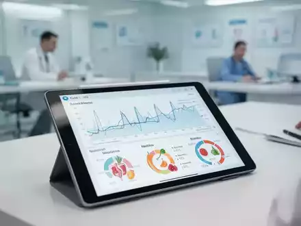 Digitales Tablet mit Gesundheitsdaten und Ernährungsgrafiken in einer modernen Arztpraxis. - Foto: über boerse-global.de