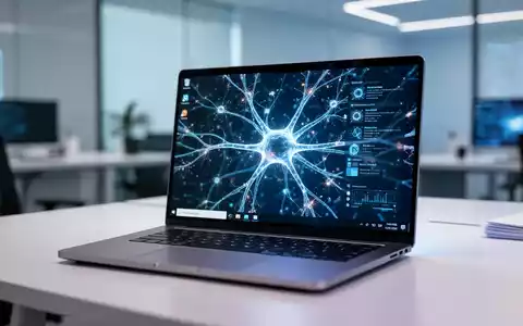 Ein moderner Arbeitsplatz mit einem Laptop, auf dessen Bildschirm abstrakte KI-Datenvisualisierungen zu sehen sind. - Foto: über boerse-global.de