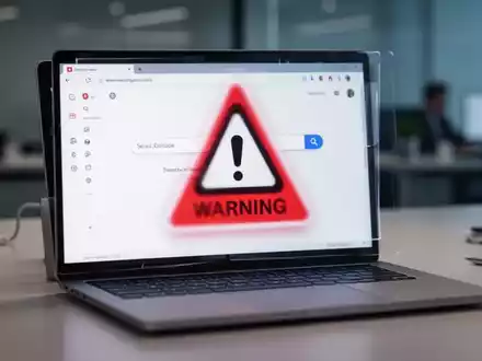 Laptop-Bildschirm mit Suchmaschinen-Oberfläche und Warnsymbol als Metapher für die Haftung bei betrügerischen Online-Shops. - Foto: über boerse-global.de