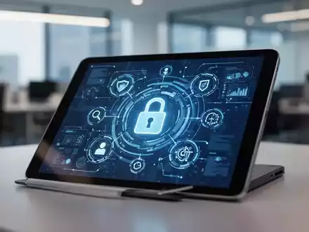 Digitales Tablet mit Datenschutz-Symbolen und Vorhängeschloss vor einem verschwommenen, modernen Büro-Hintergrund. - Foto: über boerse-global.de