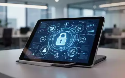 Digitales Tablet mit Datenschutz-Symbolen und Vorhängeschloss vor einem verschwommenen, modernen Büro-Hintergrund. - Foto: über boerse-global.de