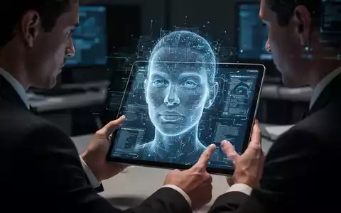 Eine Person betrachtet ein digitales Tablet, auf dem ein leicht verzerrtes KI-generiertes Gesicht zu sehen ist. - Foto: über boerse-global.de