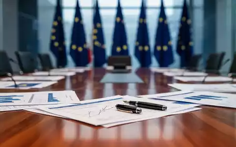Moderner Konferenztisch mit Finanzdokumenten vor unscharfen EU-Flaggen als Symbol für EU-Haushaltsverhandlungen. - Foto: über boerse-global.de