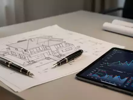 Ein moderner Schreibtisch mit Architekturplänen, einem Tablet mit Finanzdiagrammen und einem hochwertigen Füllfederhalter. - Foto: über boerse-global.de