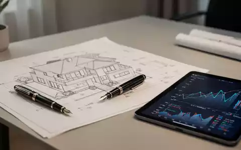 Ein moderner Schreibtisch mit Architekturplänen, einem Tablet mit Finanzdiagrammen und einem hochwertigen Füllfederhalter. - Foto: über boerse-global.de