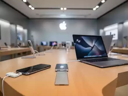Moderne Apple-Produktpräsentation mit Smartphone und Laptop auf einem sauberen Holztisch. - Foto: über boerse-global.de