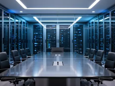 Modernes Unternehmens-Boardroom mit High-Tech-Serverraum-Hintergrund, der KI-Strategie und Datensouveränität repräsentiert. - Foto: über boerse-global.de