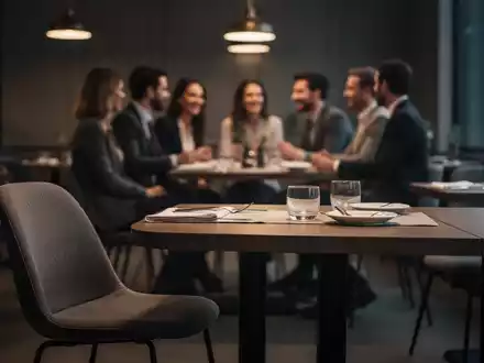 Ein leerer Stuhl an einem Café-Tisch vor einer unscharfen Gruppe von Menschen, Symbol für finanzielle Herausforderungen bei sozialen Treffen. - Foto: über boerse-global.de