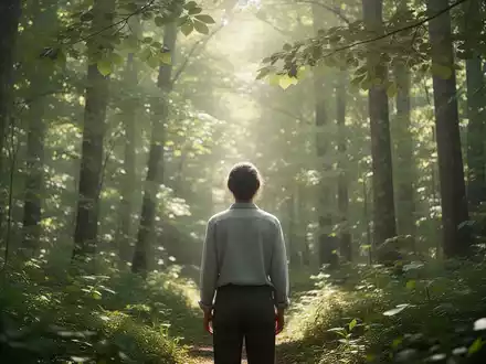 Eine Person genießt die ruhige Atmosphäre in einem sonnendurchfluteten grünen Wald zur Förderung des Wohlbefindens. - Foto: über boerse-global.de