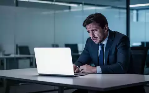 Erschöpfter Büroangestellter vor einem Laptop an einem modernen Schreibtisch, der seine Überforderung mit KI-Technologien ausdrückt. - Foto: über boerse-global.de