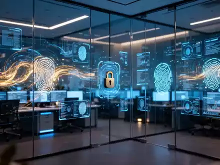 Modernes Sicherheitsoperationszentrum mit leuchtenden digitalen Datenströmen an Glaswänden. - Foto: über boerse-global.de