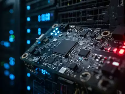 Nahaufnahme von Hardware-Komponenten in einem Serverraum mit blauen und roten Lichtern als Symbol fĂŒr IoT-Sicherheit. - Foto: ĂŒber boerse-global.de
