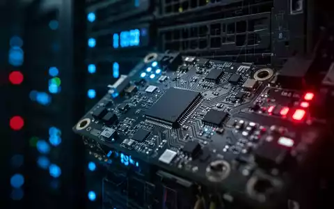 Nahaufnahme von Hardware-Komponenten in einem Serverraum mit blauen und roten Lichtern als Symbol für IoT-Sicherheit. - Foto: über boerse-global.de