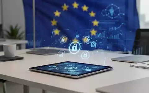 Ein modernes Büro mit einem Tablet, das Datensicherheits-Symbole anzeigt, vor einem dezenten Hintergrund mit EU-Motiv. - Foto: über boerse-global.de