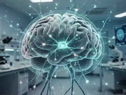 Abstraktes 3D-Modell eines menschlichen Gehirns mit hervorgehobenen neuronalen Verknüpfungen in einer klinischen Laborumgebung. - Foto: über boerse-global.de
