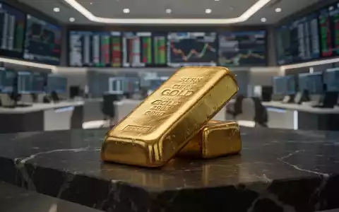 Ein Goldbarren auf einem dunklen Steintisch vor einer unscharfen Finanzbörsen-Kulisse. - Foto: über boerse-global.de