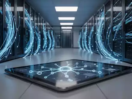 Abstrakte Darstellung von digitalen Datenströmen und KI-Netzwerken in einem modernen Serverraum. - Foto: über boerse-global.de