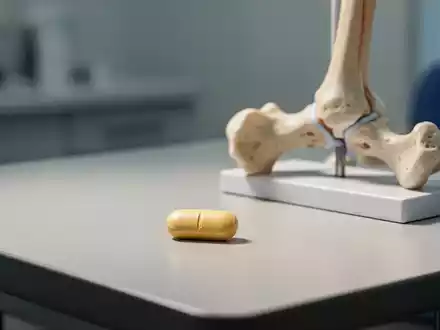 Eine einzelne Nahrungsergänzungstablette neben einem anatomischen Knochenmodell auf einem medizinischen Untersuchungstisch. - Foto: über boerse-global.de