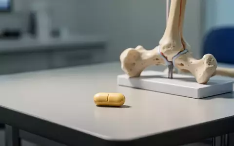 Eine einzelne Nahrungsergänzungstablette neben einem anatomischen Knochenmodell auf einem medizinischen Untersuchungstisch. - Foto: über boerse-global.de