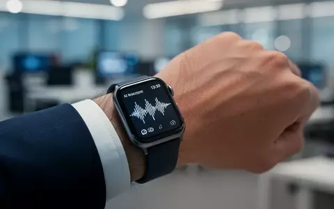 Eine Apple Watch am Handgelenk zeigt eine KI-Transkriptions-App mit einer Wellenform-Anzeige in einem modernen Büro. - Foto: über boerse-global.de