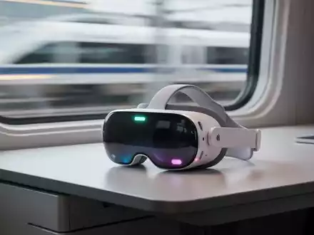 Apple Vision Pro Headset auf einem modernen Schreibtisch vor einem unscharfen Fensterblick während einer Zugfahrt. - Foto: über boerse-global.de