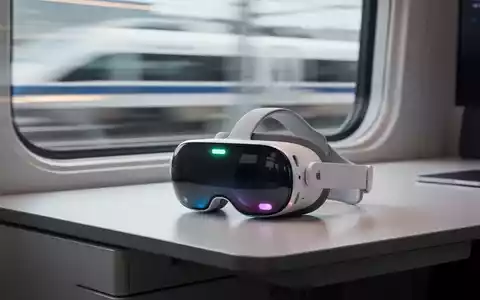 Apple Vision Pro Headset auf einem modernen Schreibtisch vor einem unscharfen Fensterblick während einer Zugfahrt. - Foto: über boerse-global.de