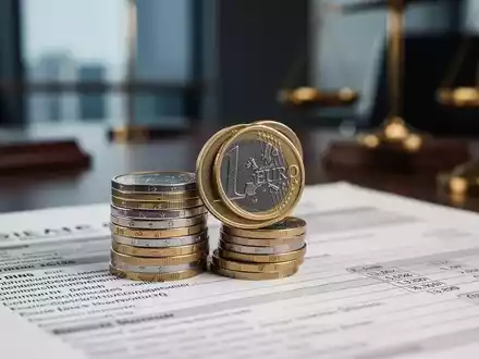 Euro-Münzen auf einem Finanzvertrag vor unscharfem Bürohintergrund als Symbol für rechtliche Altersvorsorge. - Foto: über boerse-global.de
