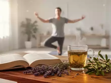 Eine Tasse Kräutertee mit Heilpflanzen auf einem Holztisch, im Hintergrund eine Person bei Qigong-Übungen. - Foto: über boerse-global.de